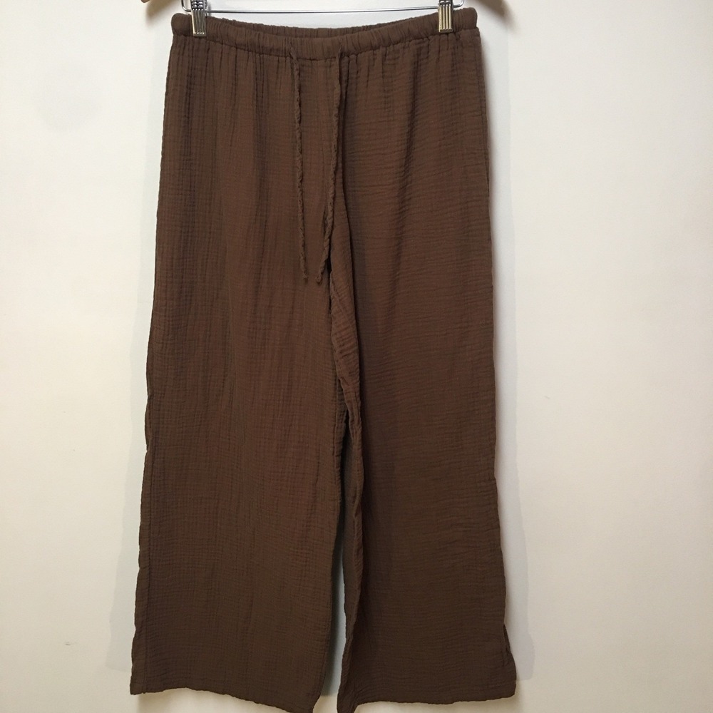 SHEIN Wide Leg Pants Women XL Brown 100% Cotton Gauze Elastic Waist Relaxed